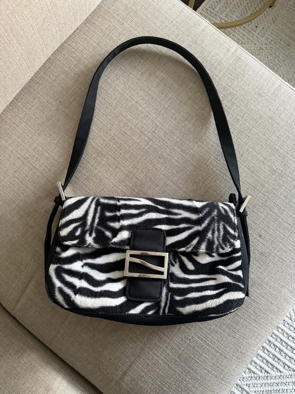 Zebra-Print Shoulder Bag with Silver Buckle
